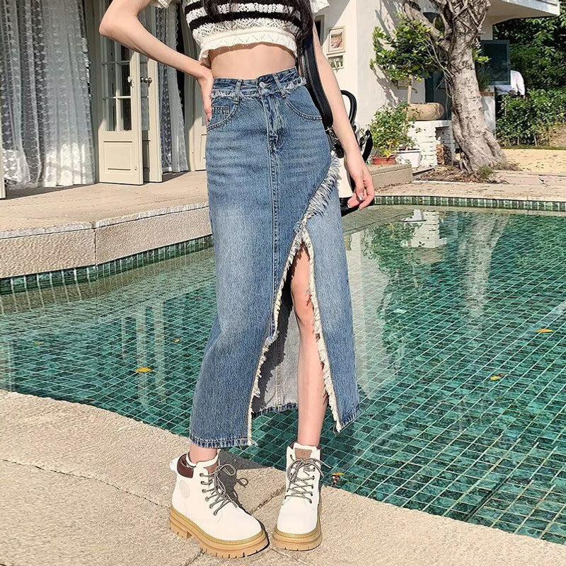 Women's Denim Split Edged High Waist Straight Medium Length Hip Skirt By SXRREAL.