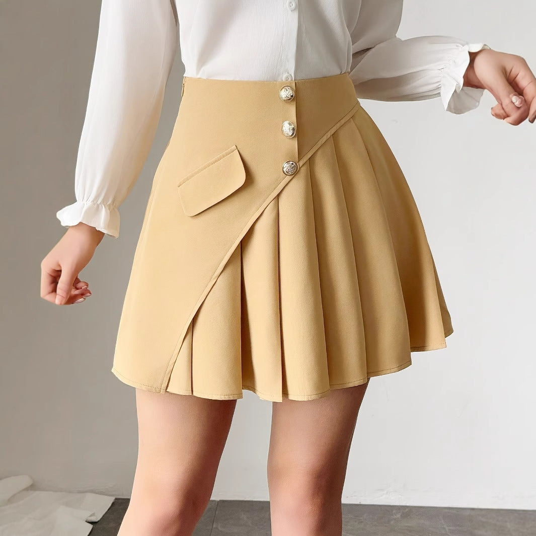Women's Solid Pleated Front Button Design A-line Skirt By SXRREAL.