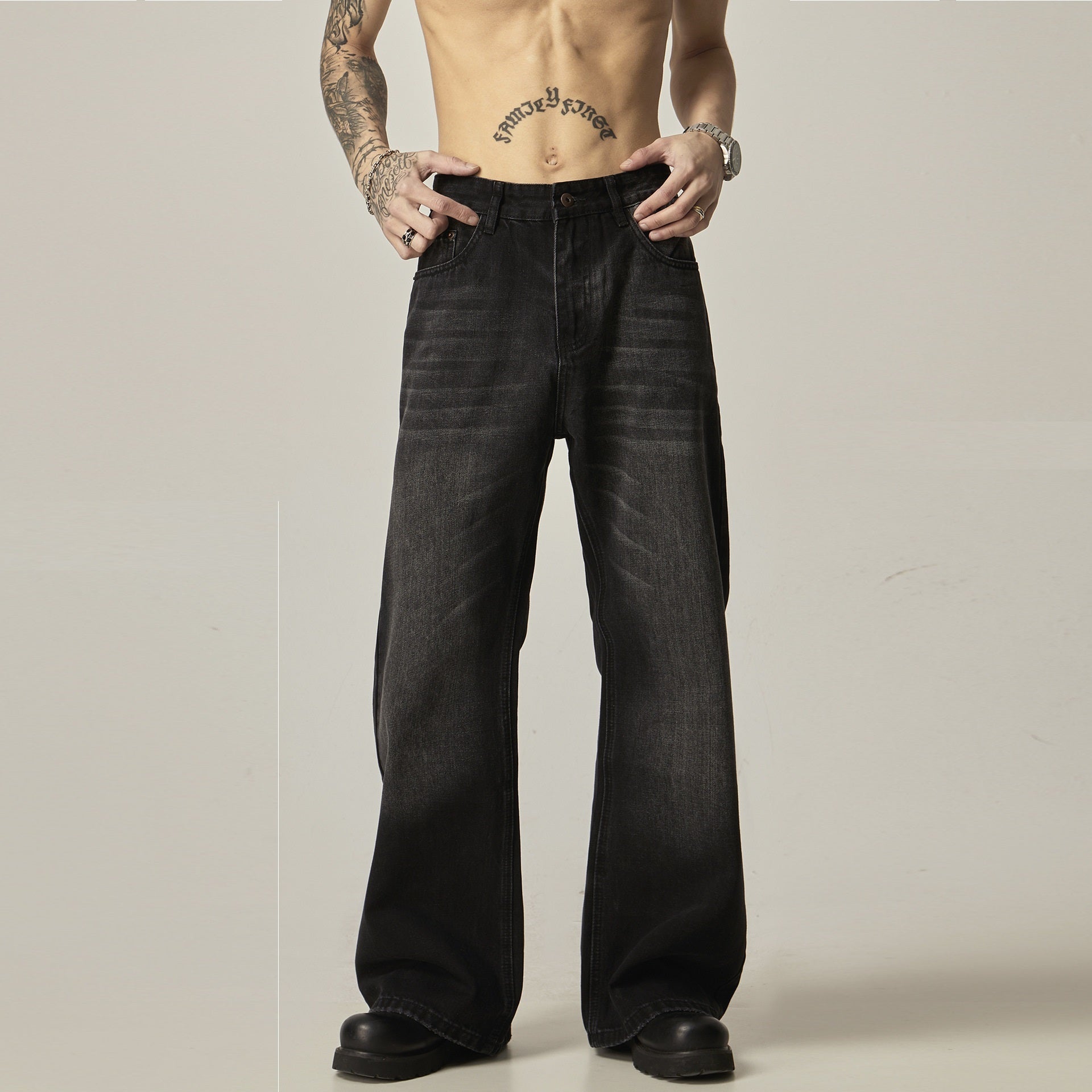 Men's Retro Black Loose Straight Jeans By SXRREAL.
