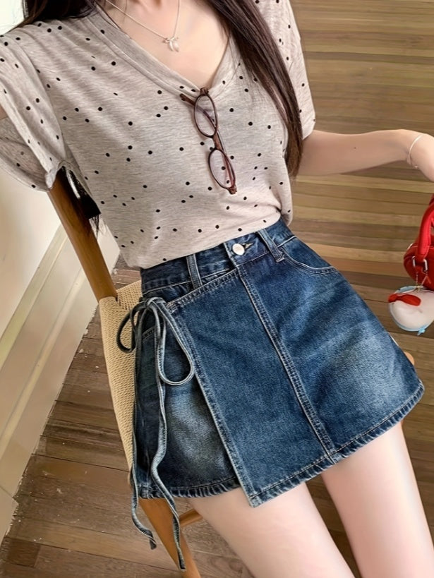 Women's Denim High Waist Irregular Strappy Skirt By SXRREAL.