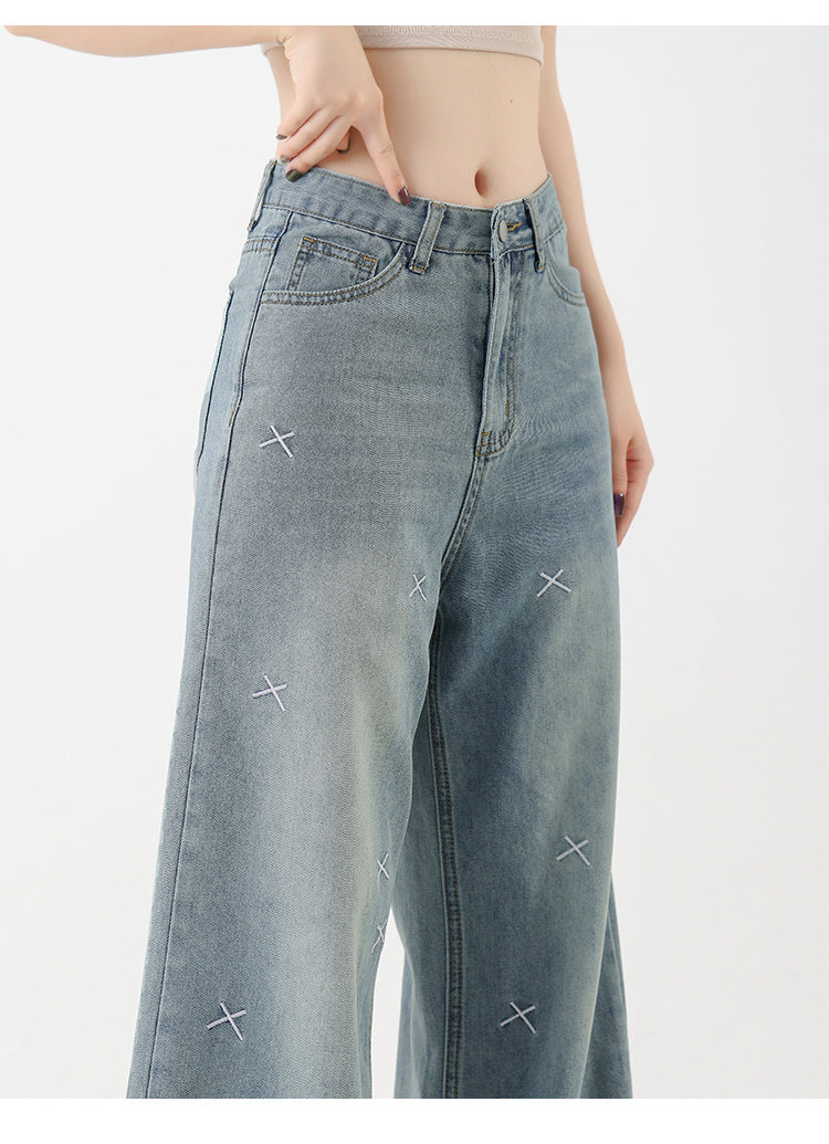 Women's Tencel Light Colored Embroidered Wide Leg Jeans By SXRREAL.