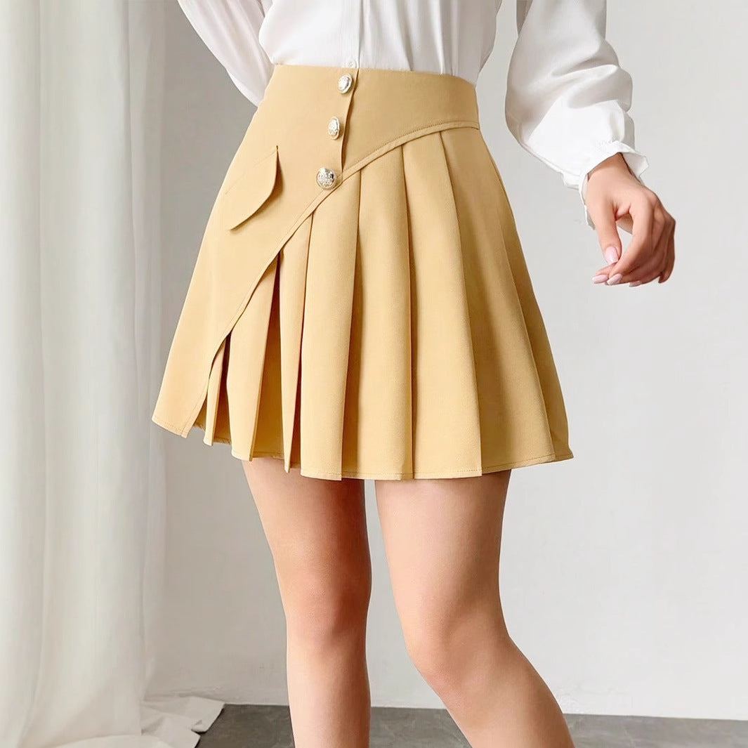 Women's Solid Pleated Front Button Design A-line Skirt By SXRREAL.