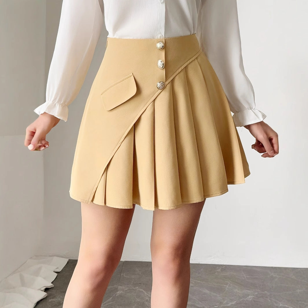 Women's Solid Pleated Front Button Design A-line Skirt By SXRREAL.