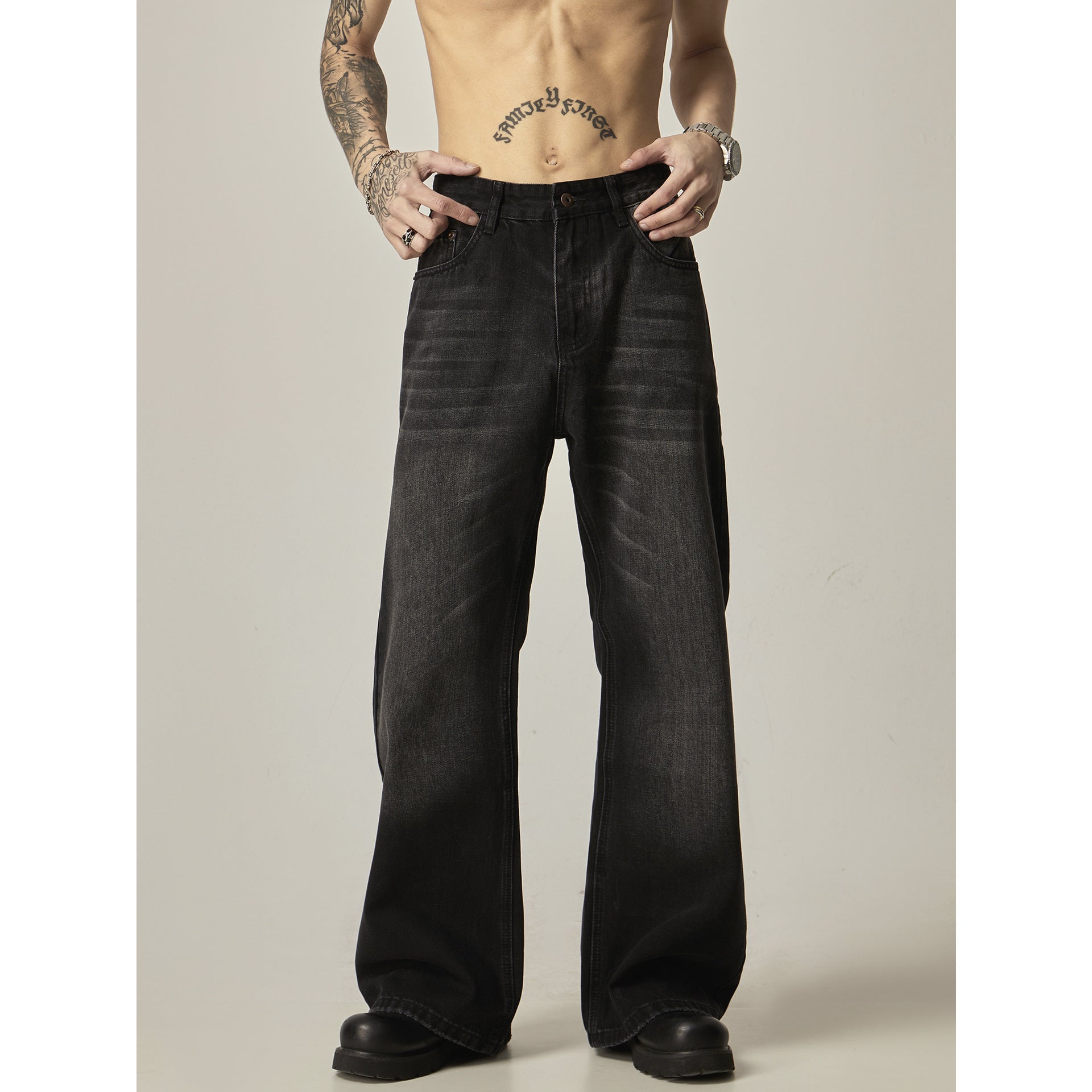Men's Retro Black Loose Straight Jeans By SXRREAL.