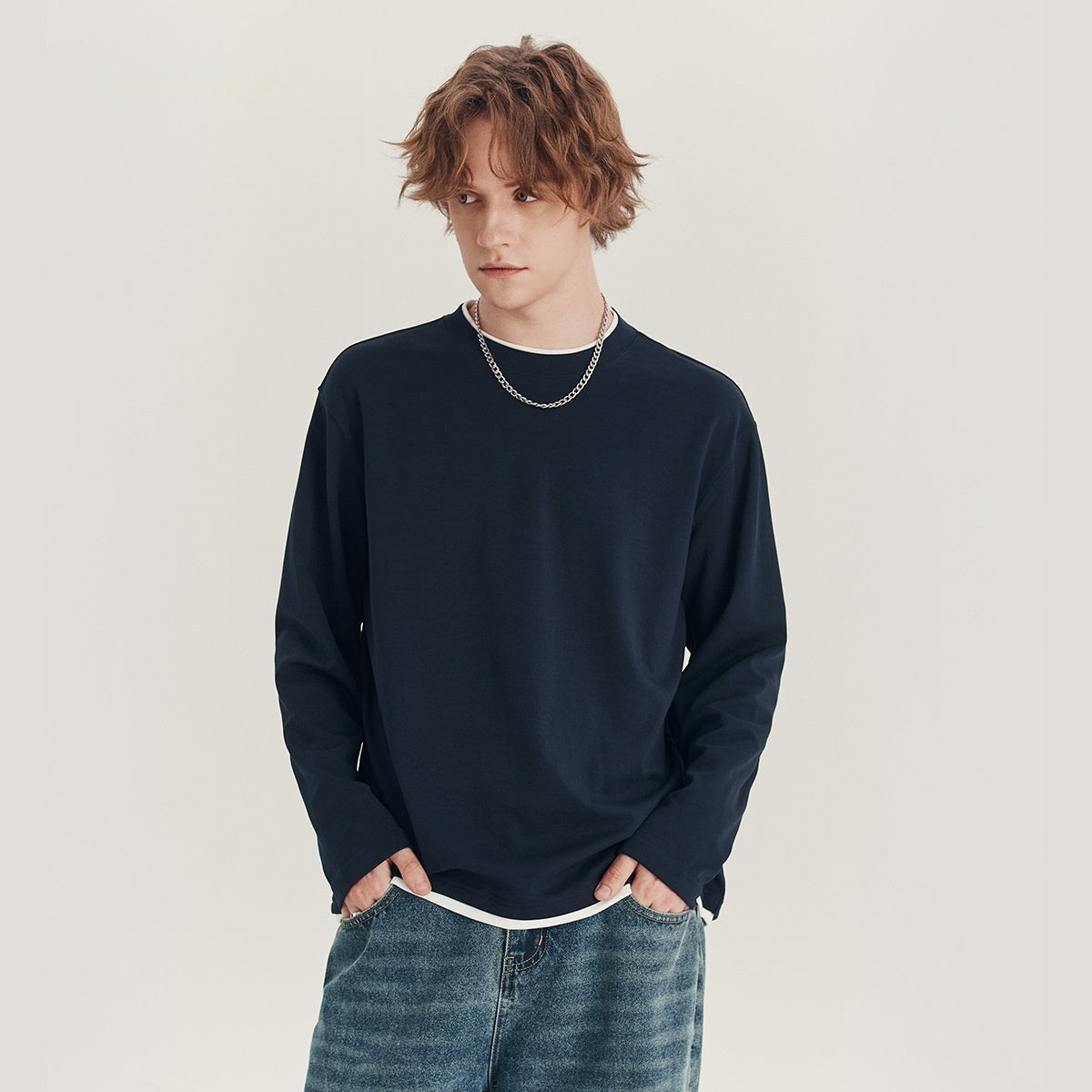 Men's Long-sleeved T-shirt Loose Round Neck Contrast Color Top By SXRREAL.