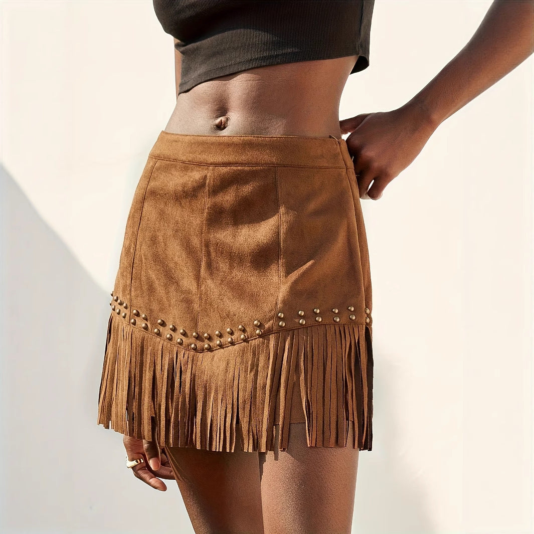 Women's Suede Fringe Rivet Design Short Skirt By SXRREAL.