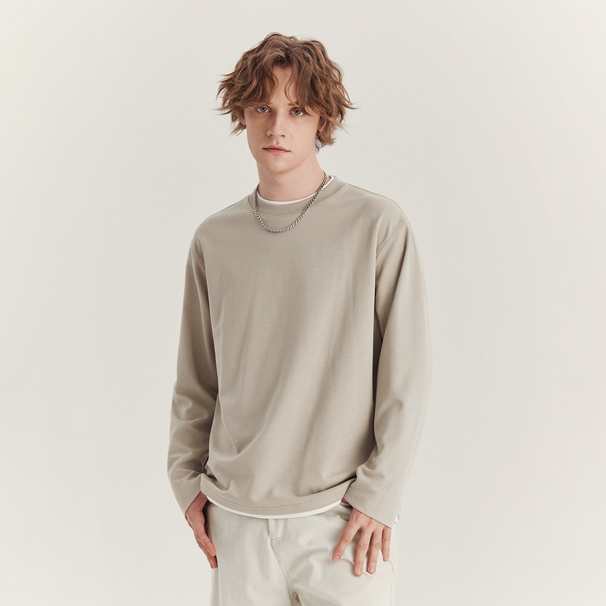 Men's Long-sleeved T-shirt Loose Round Neck Contrast Color Top By SXRREAL.