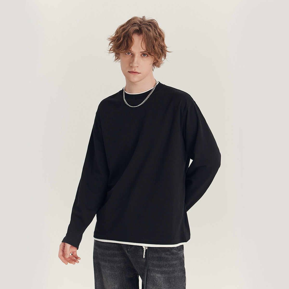 Men's Long-sleeved T-shirt Loose Round Neck Contrast Color Top By SXRREAL.
