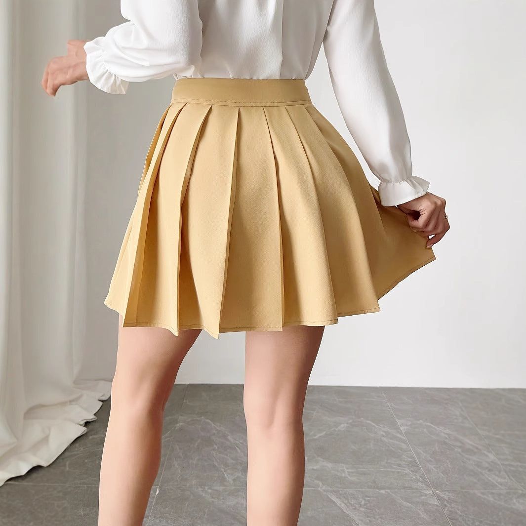 Women's Solid Pleated Front Button Design A-line Skirt By SXRREAL.