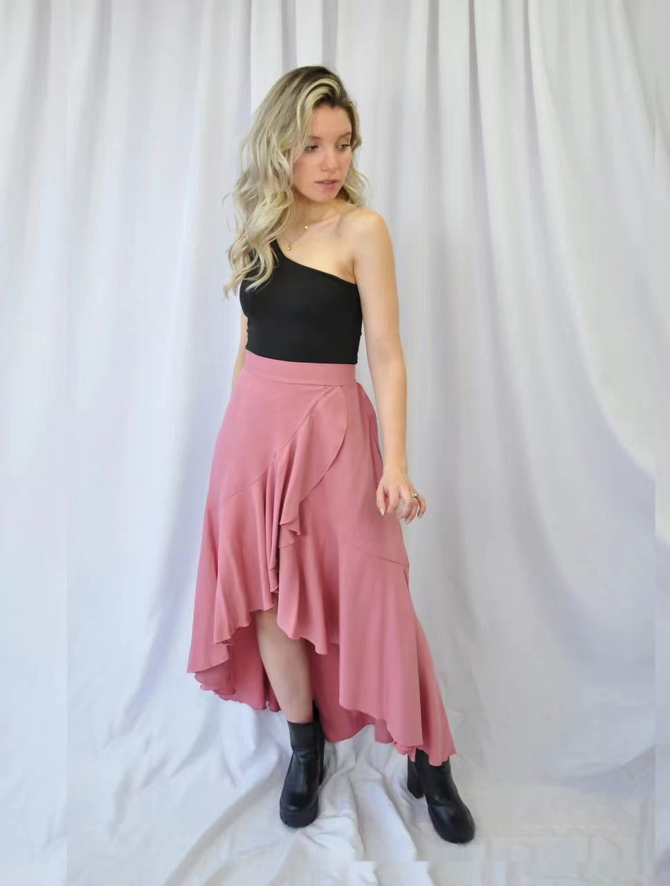 Women's Western Solid Drape Dovetail High Waisted Skirt By SXRREAL.