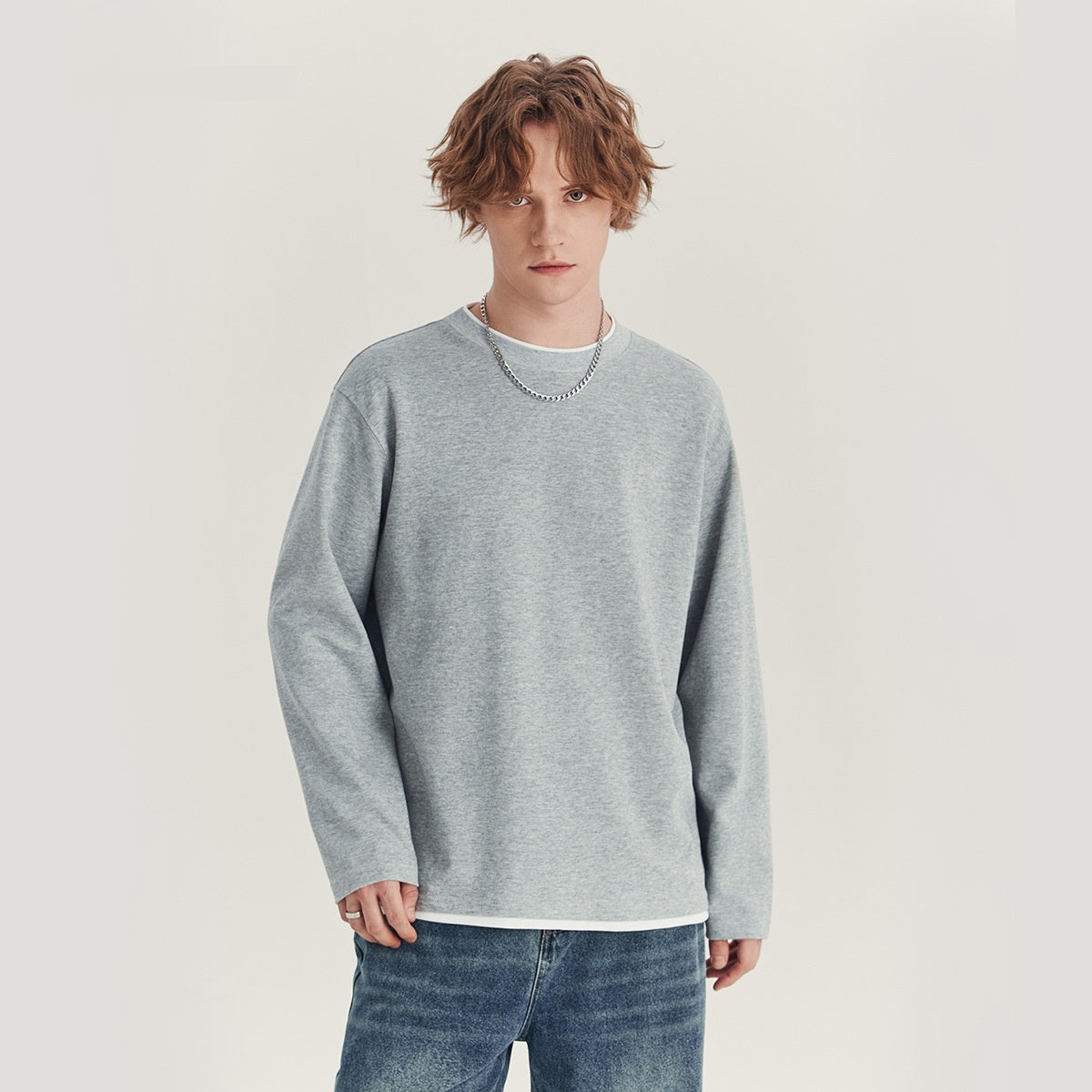 Men's Long-sleeved T-shirt Loose Round Neck Contrast Color Top By SXRREAL.
