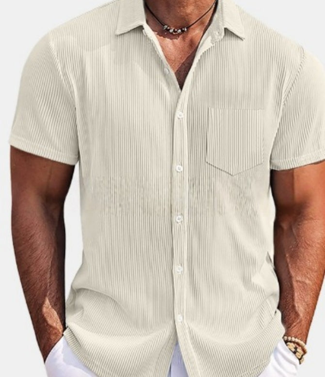Men's Loose Vertical Striped Short-sleeved Shirt By SXRREAL.