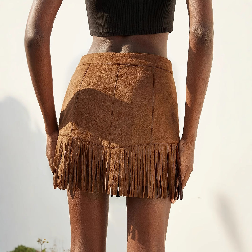 Women's Suede Fringe Rivet Design Short Skirt By SXRREAL.