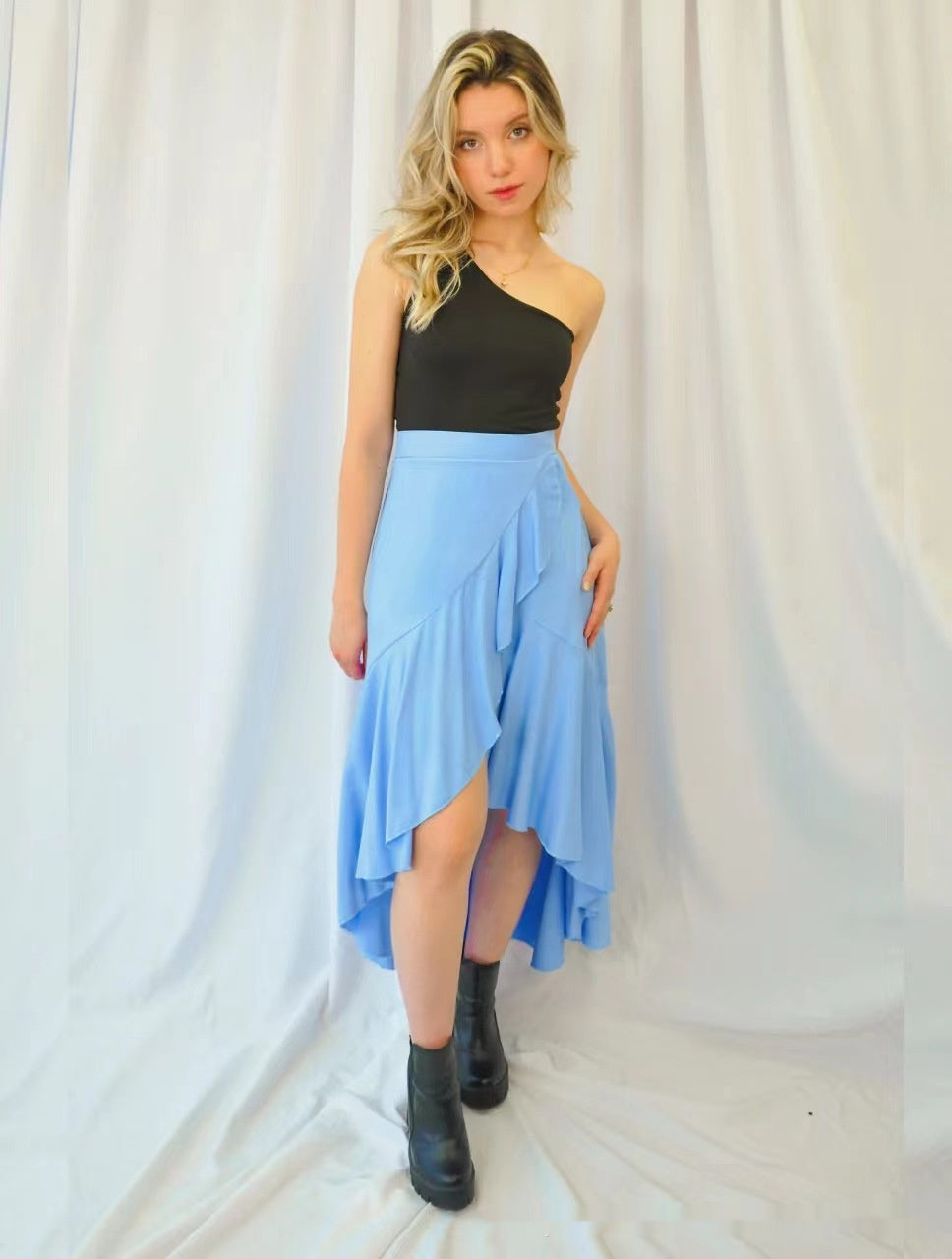 Women's Western Solid Drape Dovetail High Waisted Skirt By SXRREAL.